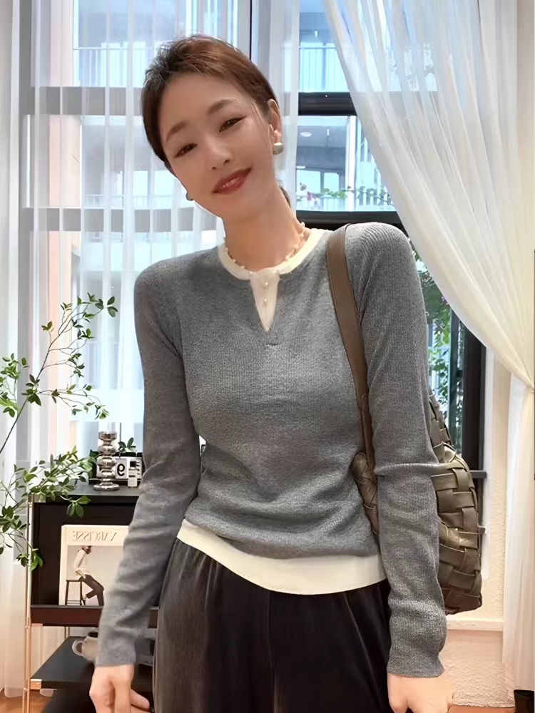 假兩件長袖針織衫秋裝女2023年新款時尚洋氣上衣打底衫女春秋