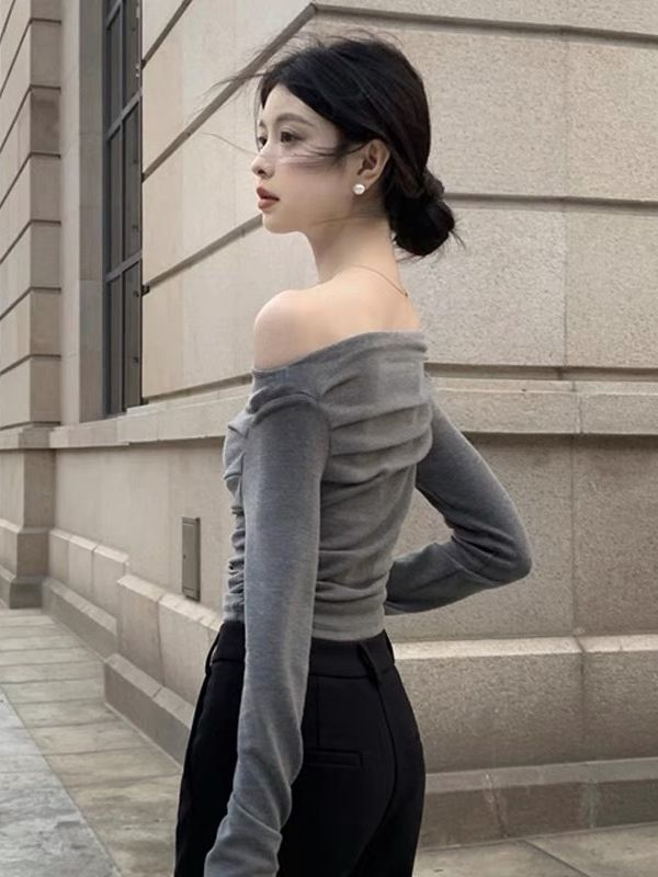 260g rayon French off-shoulder top, high-end long-sleeved T-shirt, feminine white one-shoulder bottoming shirt