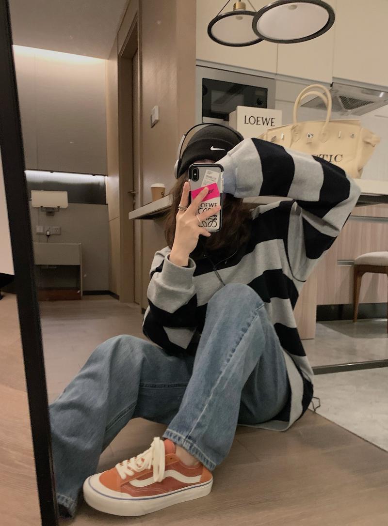 滌魚鱗薄款復古條紋衛衣女秋裝ins寬鬆長袖圓領