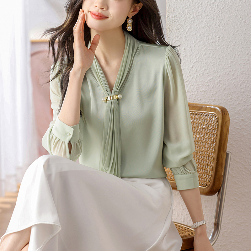 實拍2024春季新款壓褶系帶醋酸緞面雪紡衫超仙甜美洋氣長袖女襯衣