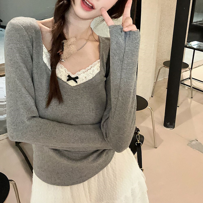 Bow V-neck long-sleeved sweater sweater for women, autumn and winter inner layering shirt, gentle wind outer top
