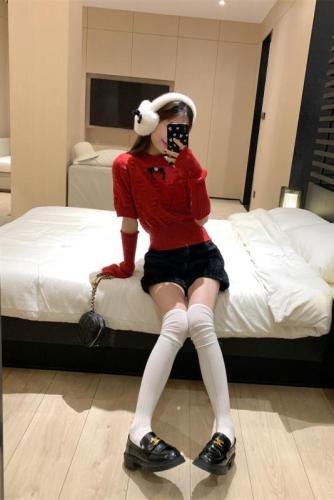 Actual shot of Christmas red lazy style round neck versatile bow knot slim sleeve sweater