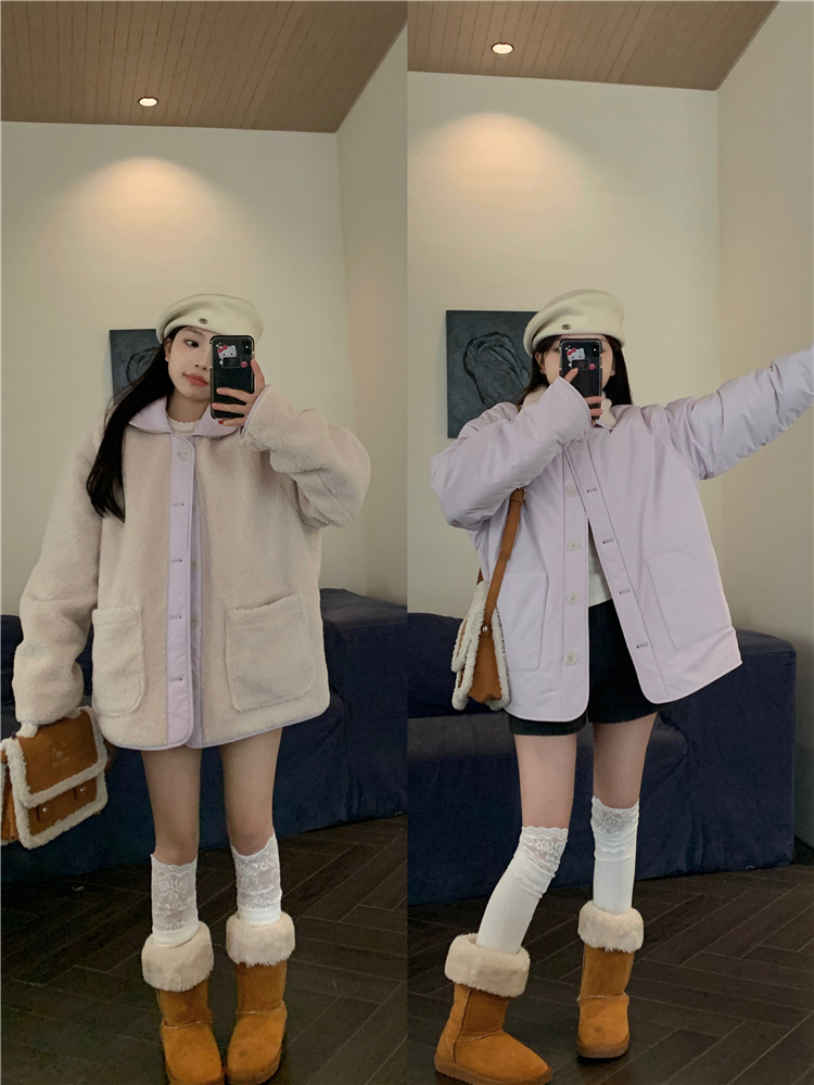 實拍~芋泥奶貝秋冬韓系百搭梭織拼毛兩面穿百搭棉服外套女