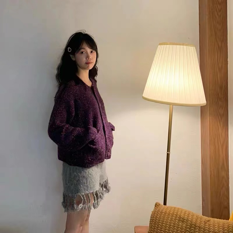G1 STUDIOS紫色開衫毛衣外套女秋冬2023年新款短款針織衫上衣女