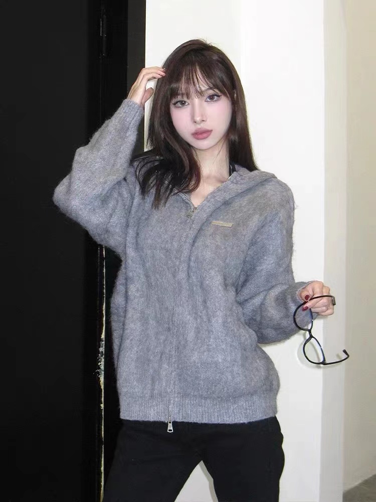 American gray hooded sweater cardigan for women autumn and winter 2023 new double zipper jacket oversize couple tops