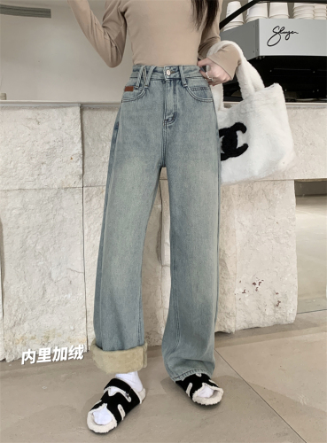 Actual shot ~ American retro velvet thickened jeans for women, high-waisted slimming straight wide-leg floor-length trousers