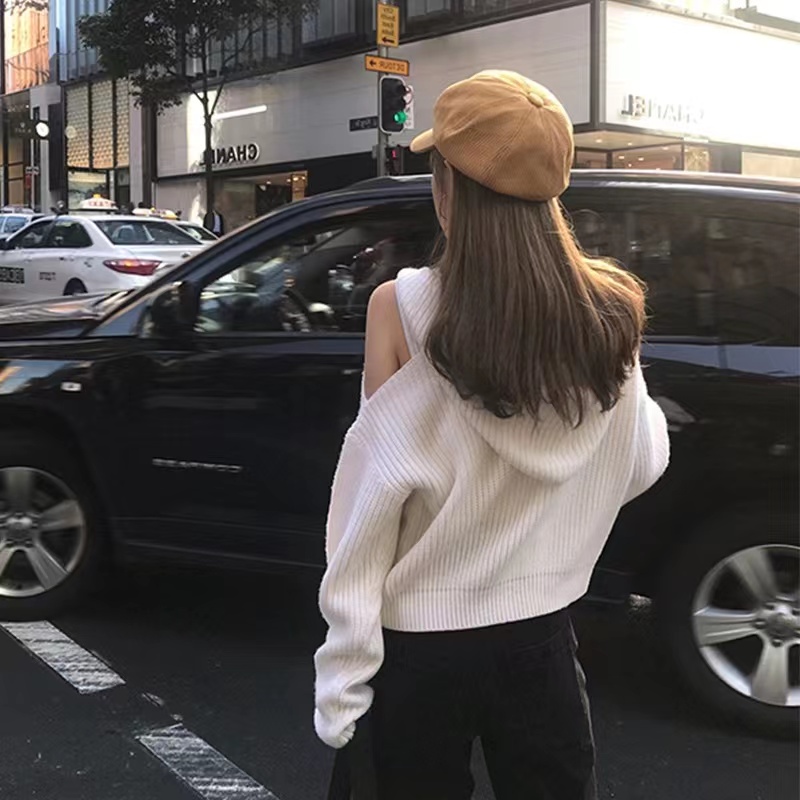 秋季新款v領毛衣女韓版寬鬆性感短款連帽露肩針織開衫外套潮
