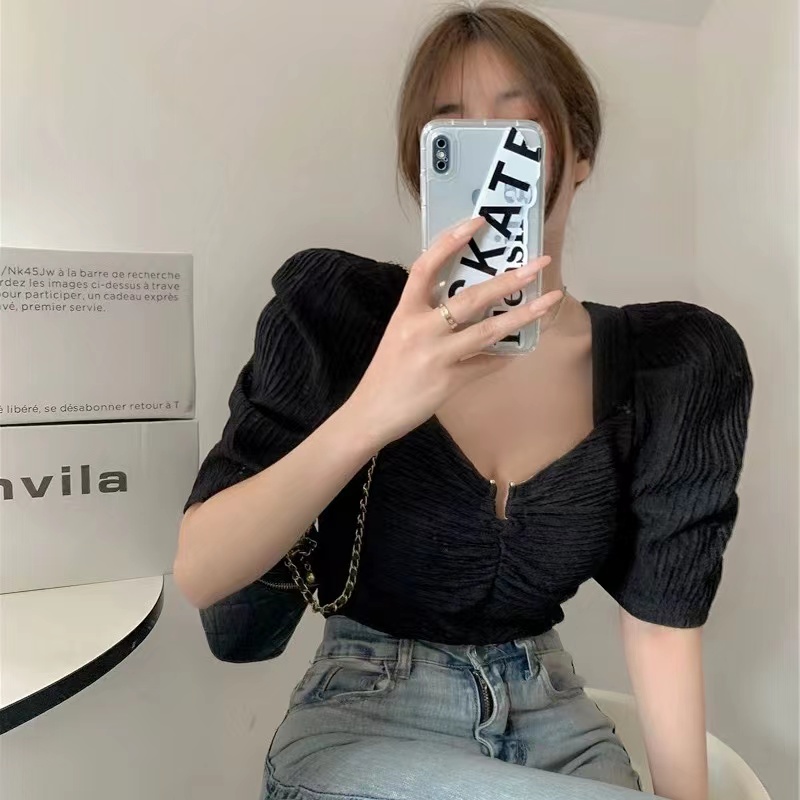 忽而今夏 設計感小眾方領雪紡白襯衫女氣質泡泡袖短款露鎖骨上衣