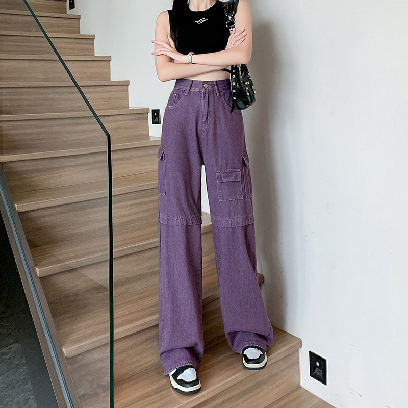 Real shot 2024 new autumn and winter American retro purple workwear jeans hot girl high waist wide leg pants long pants