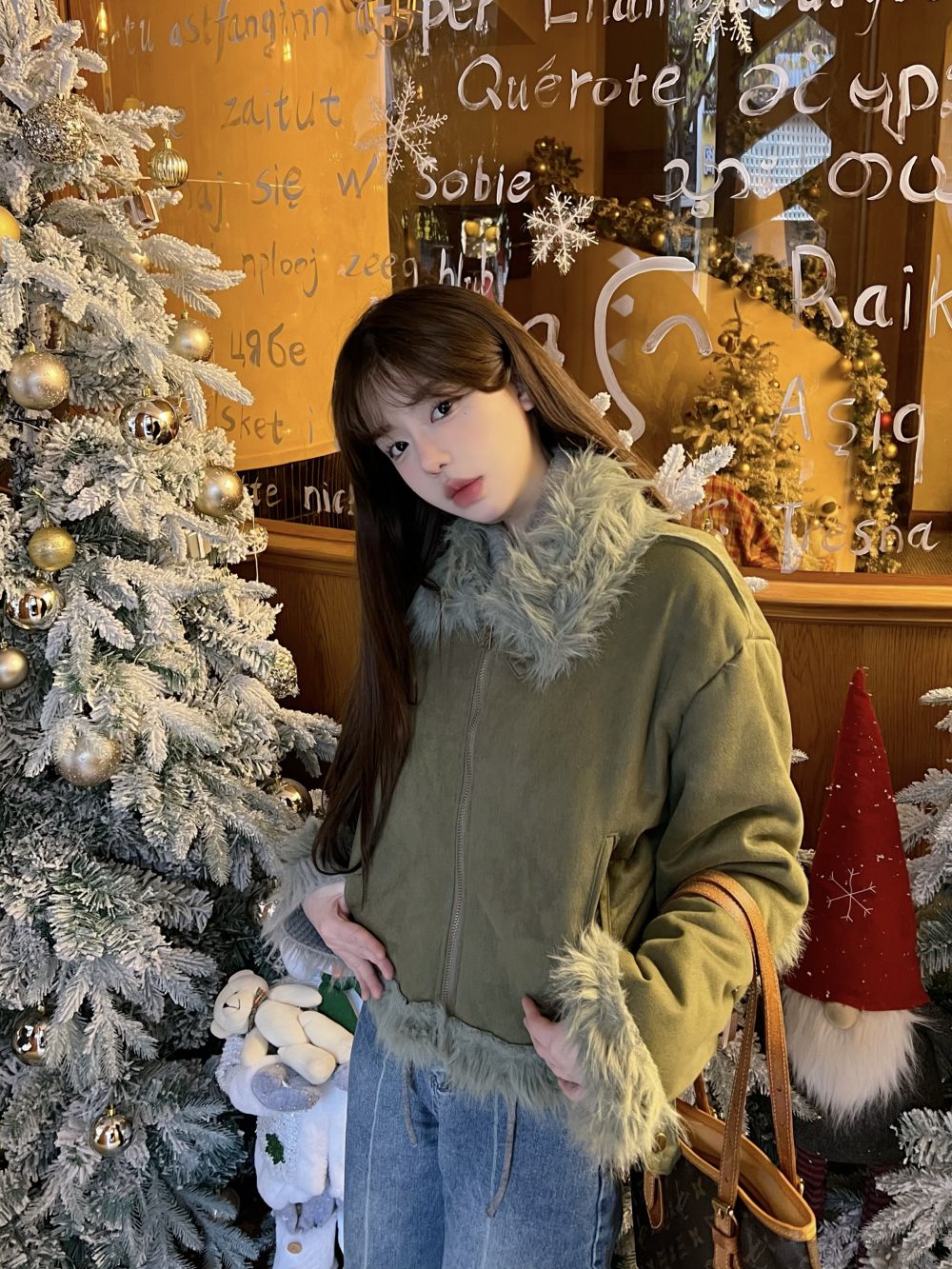 Actual shot of three-label all-in-one fur and deerskin velvet short warm jacket for women