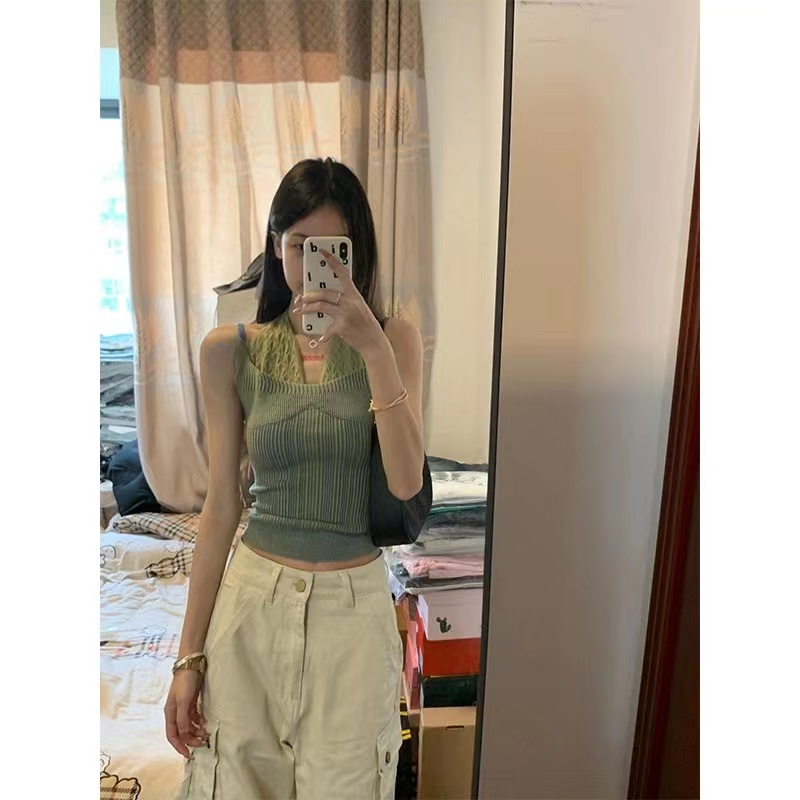復古撞色假兩件吊帶背心女2023夏季新款辣妹外穿修身短款無袖上衣