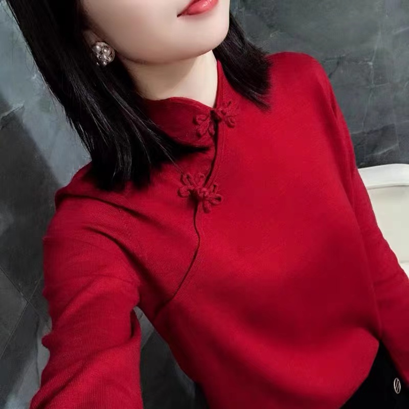 春款國潮女裝中國風盤扣上衣紅色初戀感毛衣女冬季設計感小眾