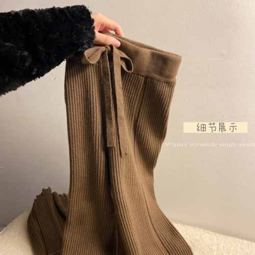 Actual shot of new fringed wide-leg pants, soft and waxy knitted pants, high-waist drawstring, elastic waist, floor-length horse-shoe pants, trendy