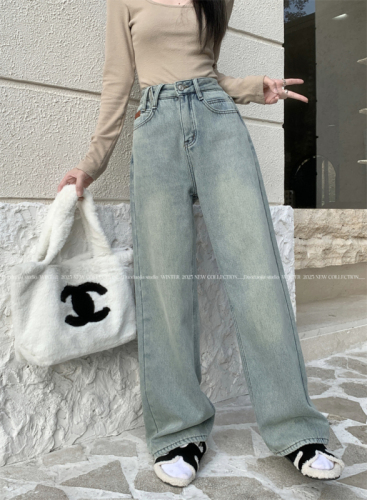 Actual shot ~ American retro velvet thickened jeans for women, high-waisted slimming straight wide-leg floor-length trousers