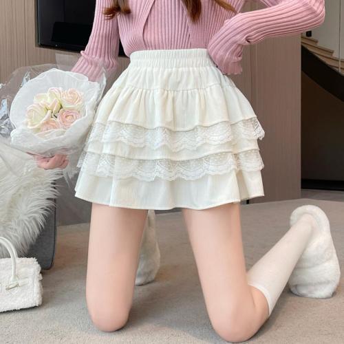 ****~Real shot of ruffled lace stitching high-waisted A-line cake skirt puffy skirt short skirt for women in autumn and winter