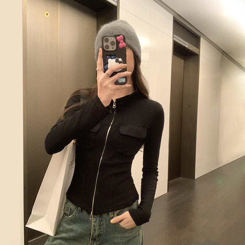 實拍圖設計感雙拉鏈口袋螺紋短款長袖T恤女秋冬2023新款修身上衣