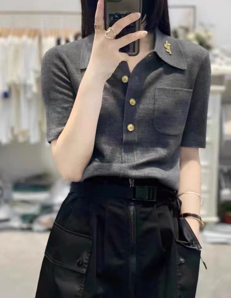 春夏新款Polo領精紡超細羊毛短袖T恤女寬鬆休閒百搭針織薄款半袖