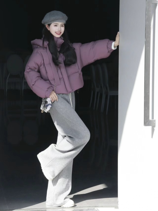 設計感連帽加厚小個子羽絨棉服女短款麵包服外套寬鬆衛褲兩件套裝
