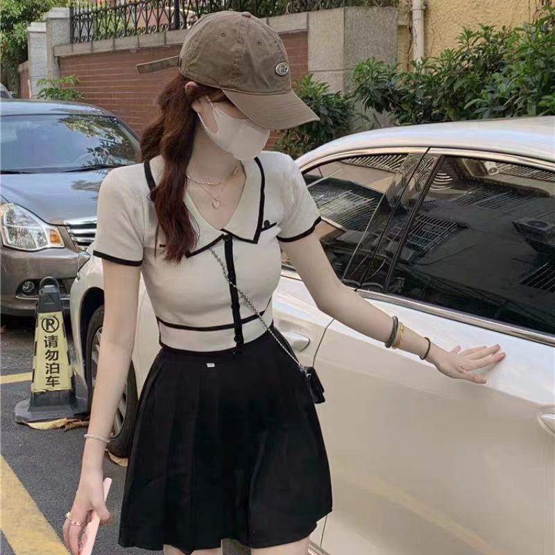 修身顯瘦polo領短袖針織衫女夏季小個子短款露臍氣質薄款T恤上衣