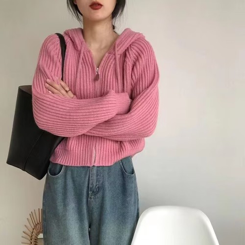 Hooded short knitted cardigan top autumn clothing for women 2023 new Korean sweater jacket for women loose and lazy style