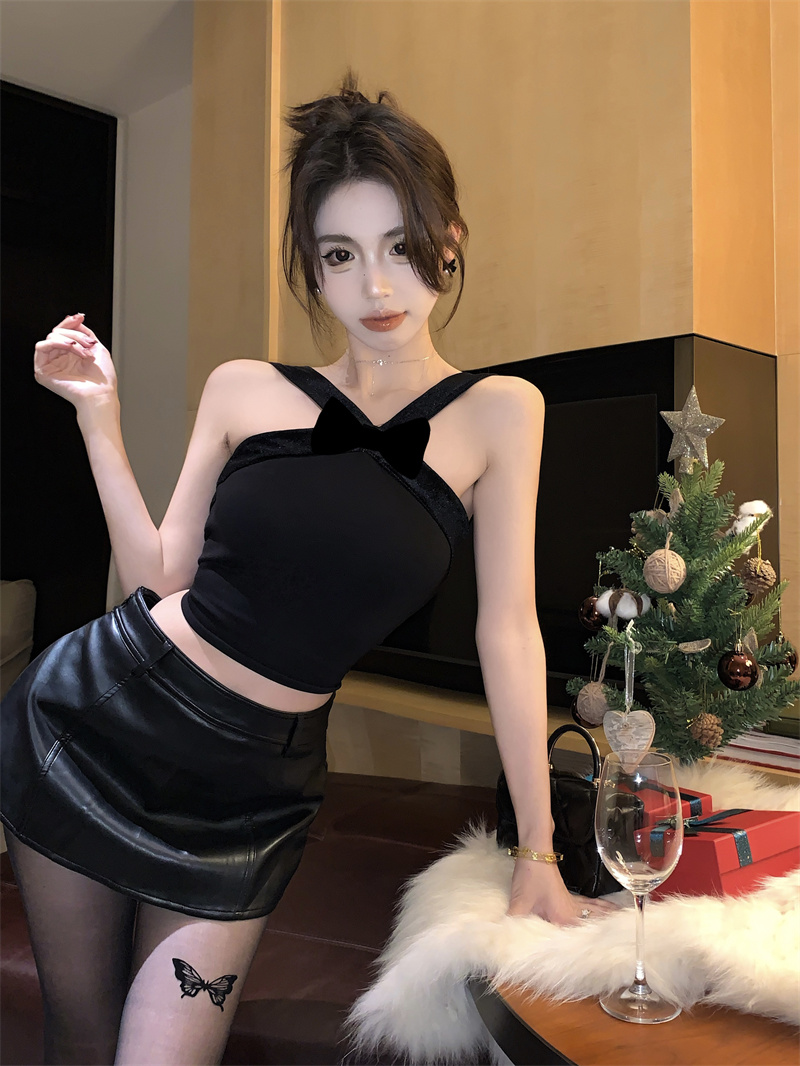 實拍 純欲辣妹掛脖蝴蝶結u形露背吊帶背心修身打底衫外穿上衣