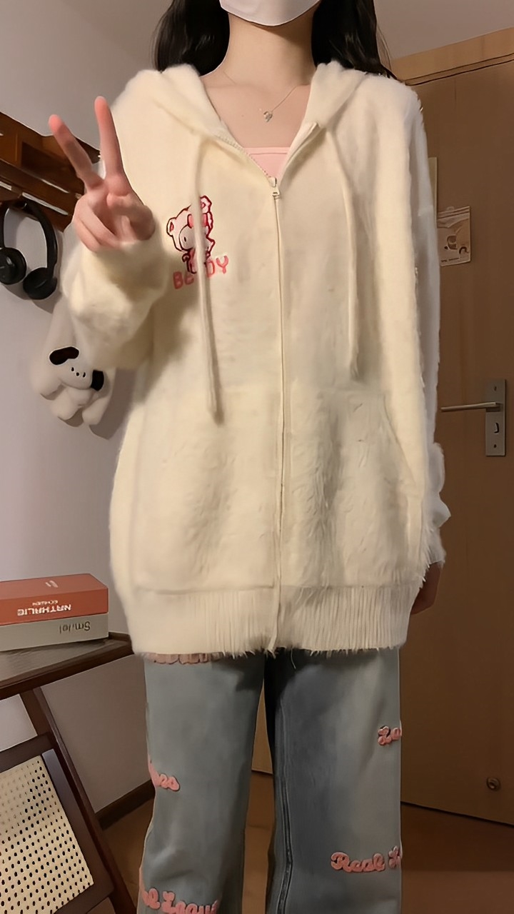 日系可愛刺繡kitty貓拉鏈開衫外套毛衣女寬鬆秋冬慵懶馬海毛針織