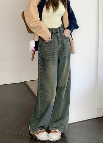 Actual shot ~ 2024 spring and autumn high-waisted wide-leg retro blue jeans for women with pocket splicing straight jeans