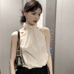 Vintage-style off-shoulder halter-neck strap top for women, 2023 summer collection—featuring a designer drawstring detail and elegant shoulder cutouts, sleeveless.