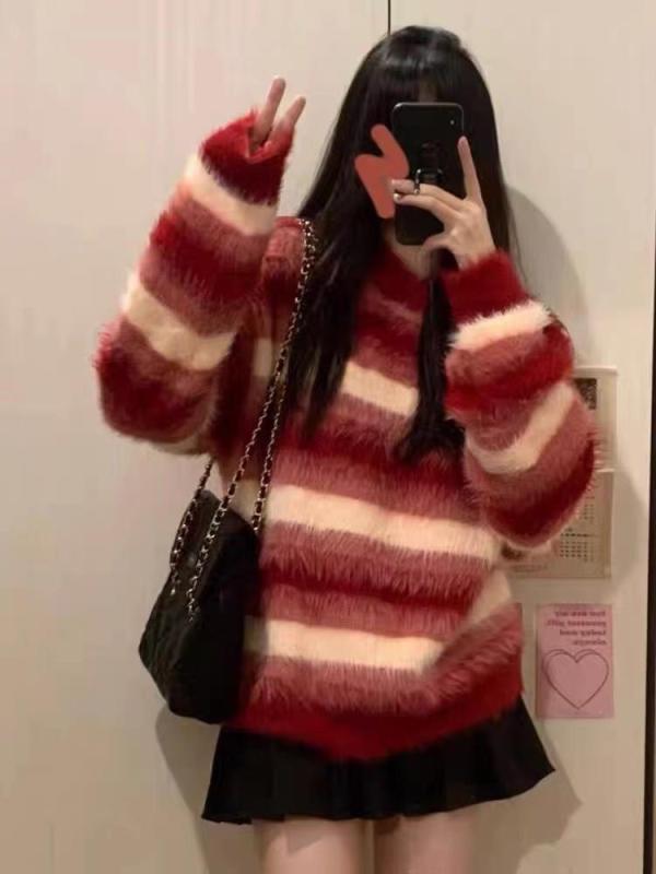 聖誕限定紅色條紋繡花長絨軟糯套頭慵懶愛心針針織衫加厚上衣