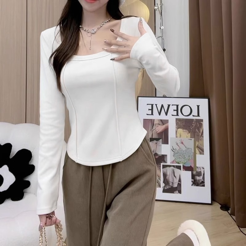 德絨長袖T恤女秋冬季保暖磨毛內搭短款打底衫修身