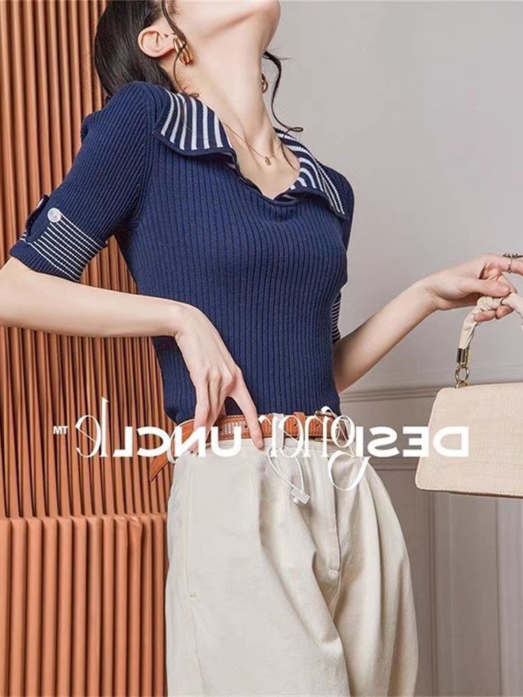 法式polo領薄款短袖針織衫女夏設計感小眾大翻領條紋t恤冰絲上衣