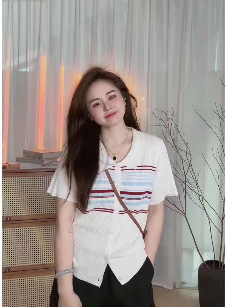大碼胖mm美式復古高級感拼接條紋短袖上衣女夏季顯瘦遮肉針織開衫