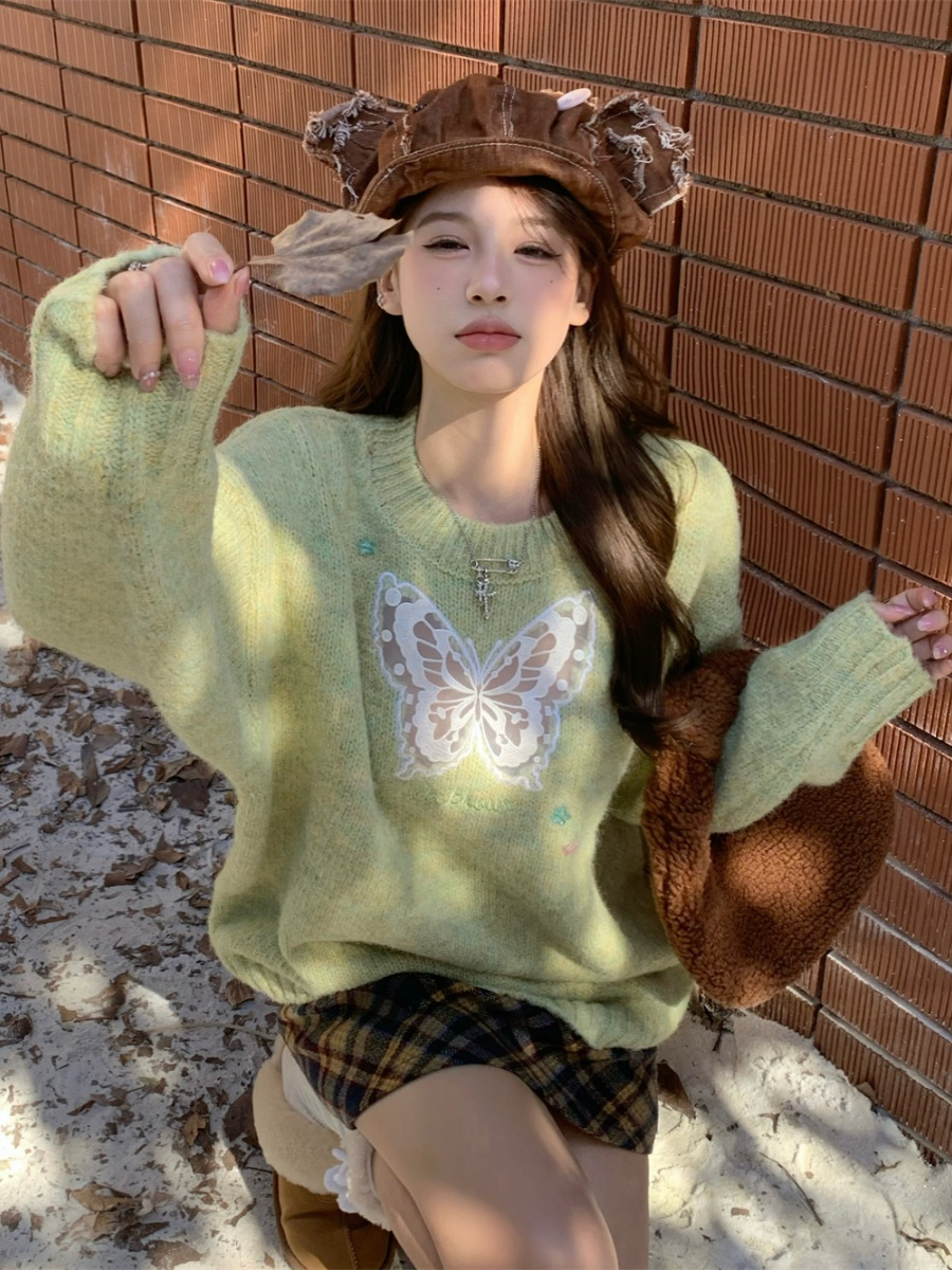 kumikumi撞色蝴蝶刺繡長袖圓領毛衣女裝冬季寬鬆針織衫中長款上衣