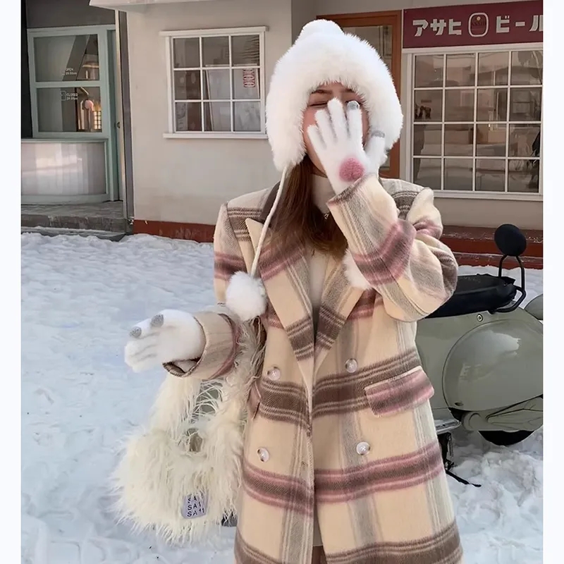 2023年秋冬季復古格子雙排扣毛呢外套女中長款高級感加厚呢子大衣