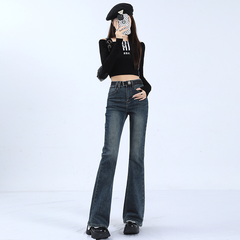 Real shot retro baroque + ykk hot girl high elastic slim floor-length bell-bottom pants nostalgic blue trousers XS-XL