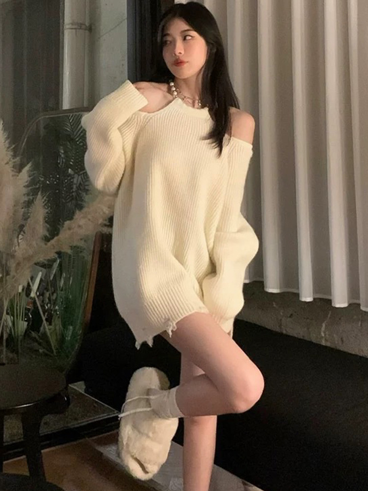 2024 autumn and winter off-shoulder sweater, lazy design, mid-length knitted dress, soft and waxy top