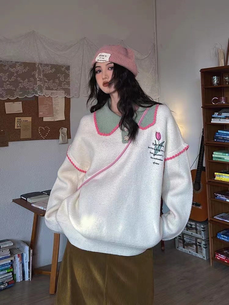 Light Blue定製復古港風鬱金香刺繡翻領毛衣女2023秋季慵懶風外套