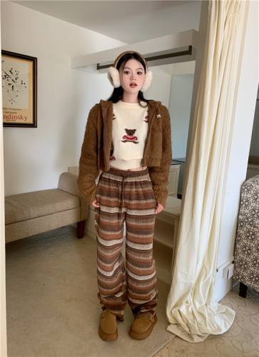 Actual shot of Maillard striped high-waist slim loose woolen thickened casual straight wide-leg pants