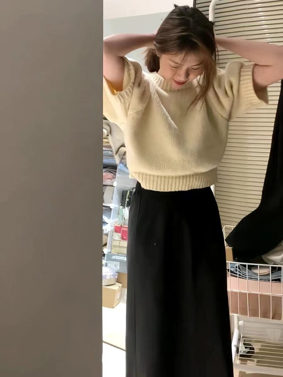 新款春季泡泡袖重工短款圓領羊毛混紡針織套頭衫短袖毛衣上衣