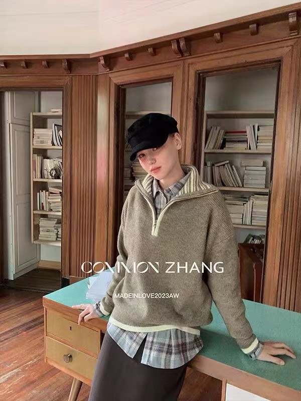 CZ ZHANG小眾休閒撞色半拉鏈針織毛衣女2023秋冬新款寬鬆翻領上衣