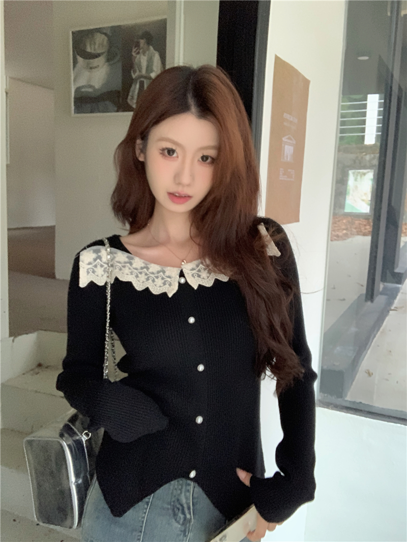 實拍 甜美風蕾絲花邊拼接坑條冬季新款設計感洋氣減齡