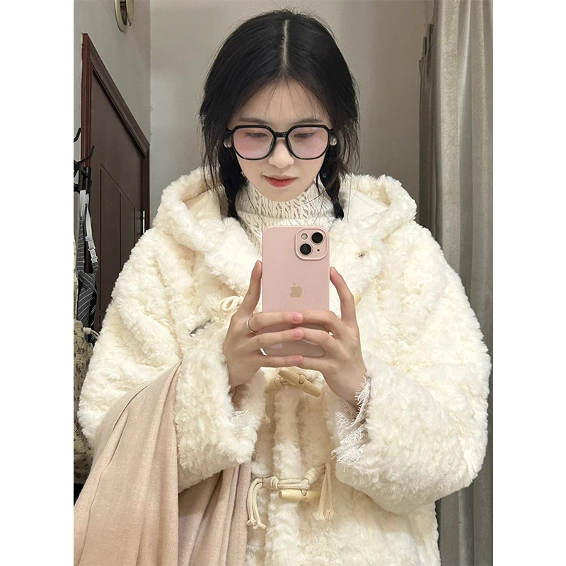 官圖有內里紐扣連帽羊羔毛外套女秋冬寬鬆加厚休閒外套女