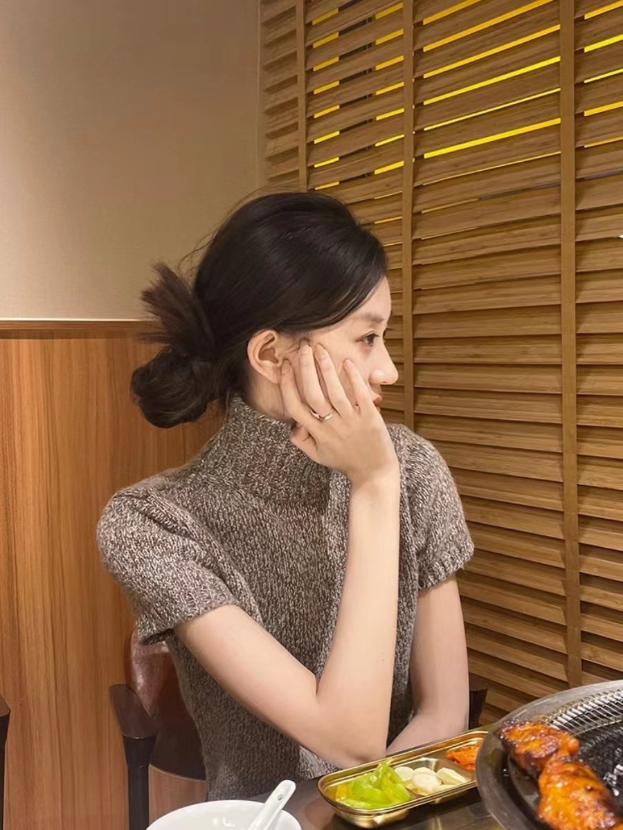 高領打底針織衫法式小香慵懶風復古日系上衣短袖套頭毛衣女春秋季
