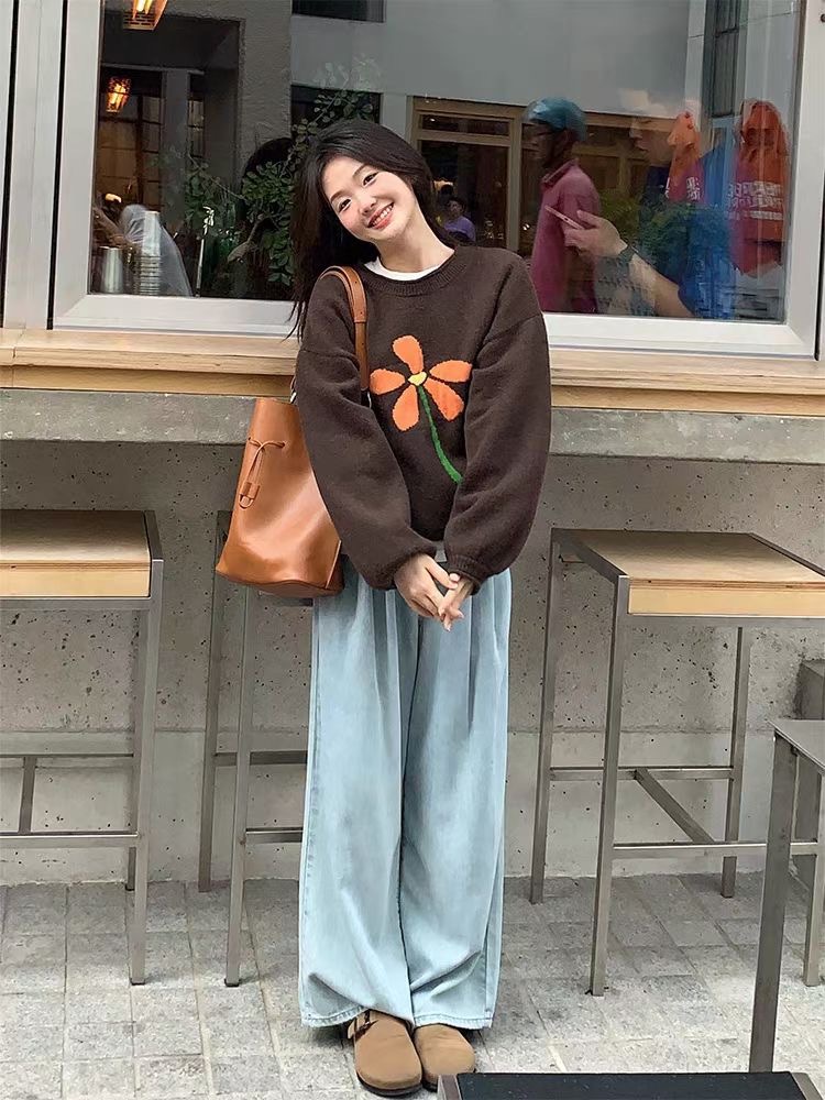 2024 new autumn and winter Korean style ins fun jacquard pullover sweater for women lazy contrast color flower knitted