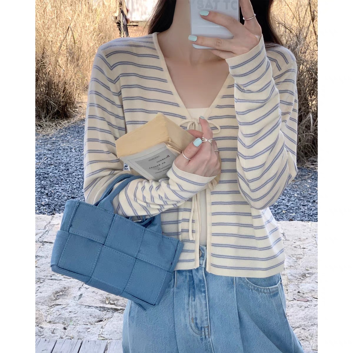 2024 Korean new cool silk V-neck striped cardigan women's thin versatile sweater top jacket