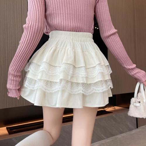****~Real shot of ruffled lace stitching high-waisted A-line cake skirt puffy skirt short skirt for women in autumn and winter