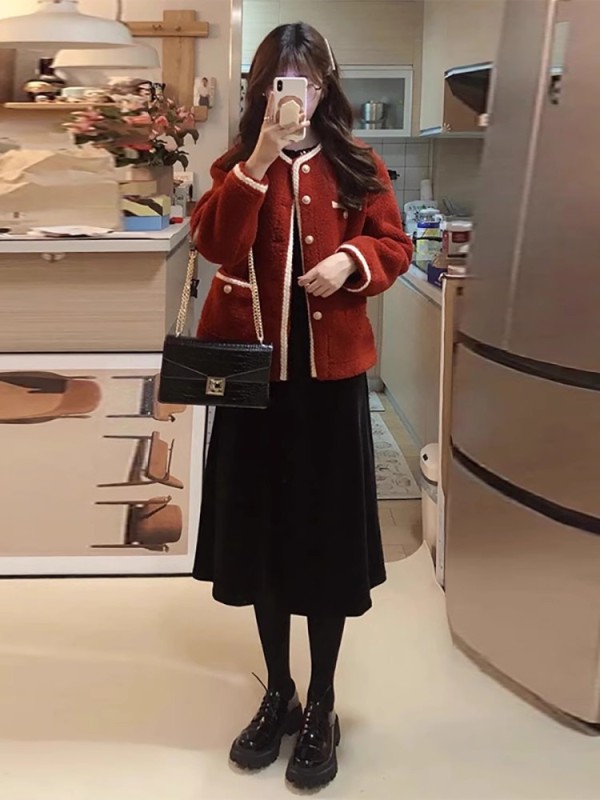 深冬裝搭配一整套2023女新款龍年本命年衣服紅色羊羔毛外套兩件套