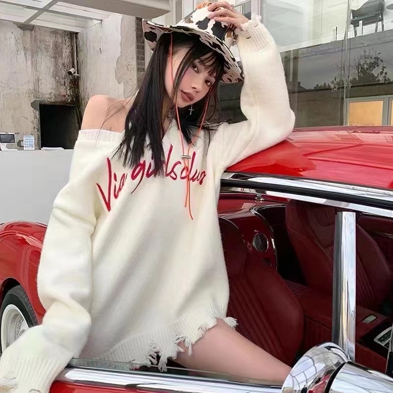軟糯v領長袖針織衫女秋季刺繡寬鬆中長款毛衣