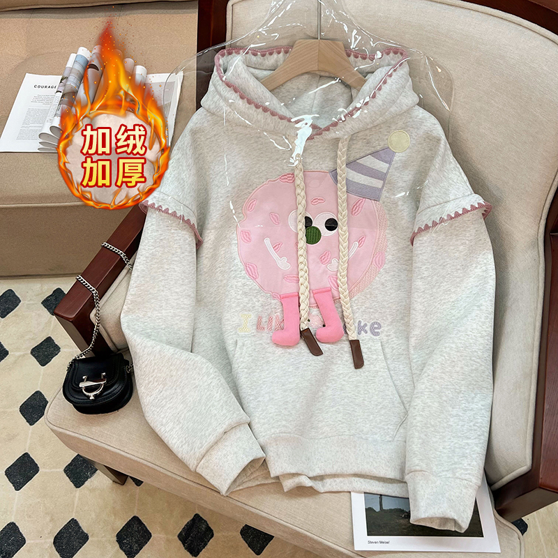 實拍華棉複合加絨衛衣女刺繡花2024韓版寬鬆秋冬保暖上衣大碼女裝