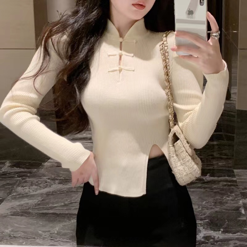 新中式復古國風盤扣毛衣女秋冬法式高級感別致袖針織打底開叉上衣